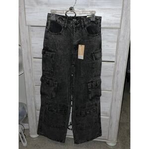 Rise Supply Co Women's Size 7 Acid Wash Cargo Wide Leg Y2K Jeans